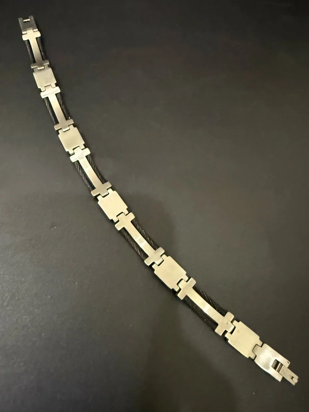 Signed 14K Stainless Steel Black Wire Cable Link Gold Screws 9” Men’s Bracelet